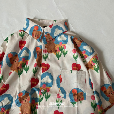 桃心小熊 短袖花衬衫日系复古vintage港风男女ins痞帅泰国夏威夷