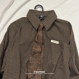 STRAPPING小格纹领带美式全棉咔叽长袖衬衫港风复古日系男女春秋