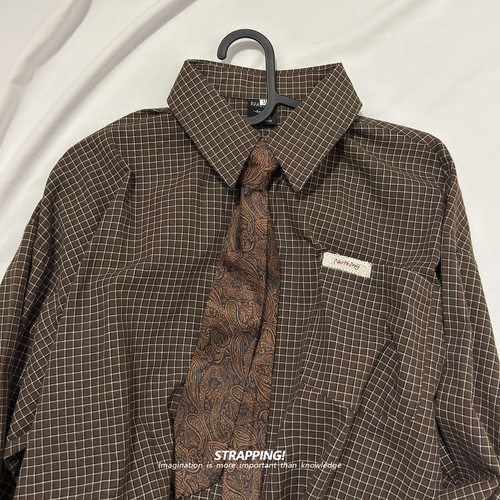 STRAPPING小格纹领带美式全棉咔叽长袖衬衫港风复古日系男女春秋