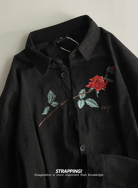 STRAPPING玫瑰花刺绣灯芯绒复古长袖衬衫港风日系男女痞帅春秋