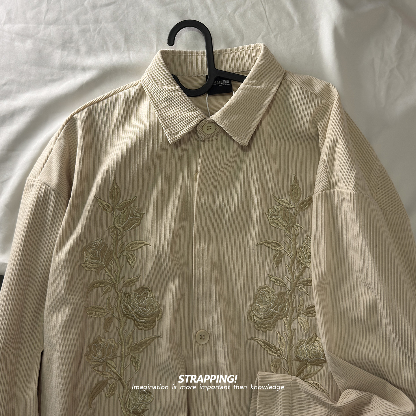 STRAPPING植物绣花灯芯绒涤纶长袖衬衫男女日系复古港风潮流街头