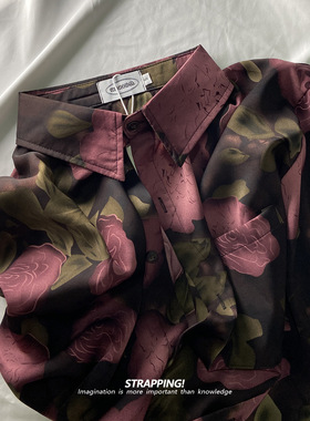 STRAPPING黑底紫粉花卉碎花长袖花衬衫港风复古日系男女痞帅春秋