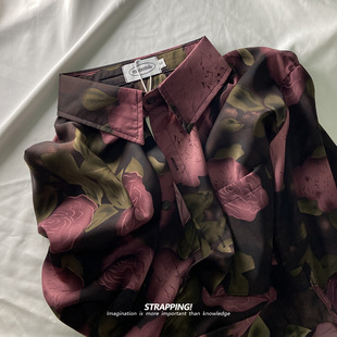 STRAPPING黑底紫粉花卉碎花长袖花衬衫港风复古日系男女痞帅春秋