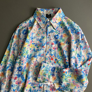 STRAPPING田园彩蓝小碎花长袖 港风复古日系男女痞帅春秋 衬衫