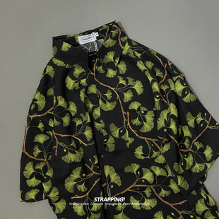 STRAPPING黑底银杏植物碎花短袖花衬衫男女夏威夷泰国复古日系