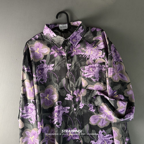 STRAPPING深灰紫色花卉碎花长袖花衬衫港风复古日系男女痞帅春秋