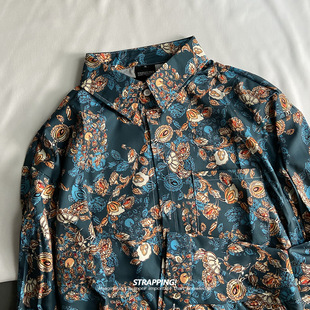 港风复古日系男女春秋 花衬衫 STRAPPING古典老式 蓝底碎花长袖