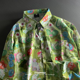 港风复古日系男女痞帅秋季 STRAPPING卡通油画碎花长袖 花衬衫