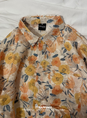 STRAPPING橙色田园碎花提花勾线长袖花衬衫韩版复古日系男女春秋
