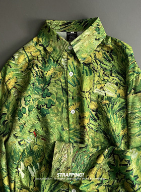 STRAPPING草绿植物油画碎花长袖衬衫港风复古日系男女痞帅春秋