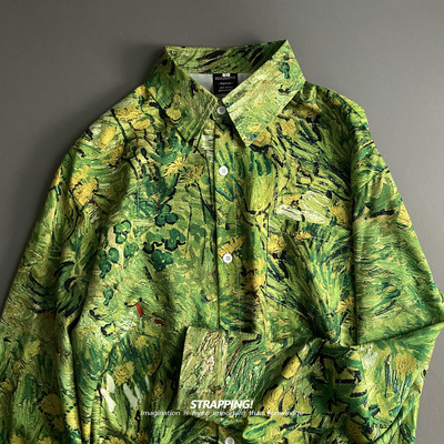 STRAPPING草绿植物油画碎花长袖衬衫港风复古日系男女痞帅春秋