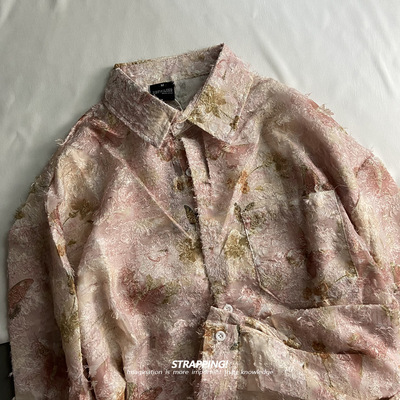 STRAPPING裸粉蝴蝶印象提花勾线长袖花衬衫韩版复古日系男女春秋