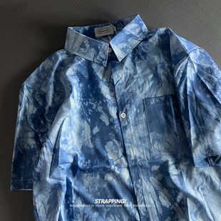 STRAPPING水墨涂鸦蓝色碎花短袖花衬衫男女夏威夷沙滩INS复古日系