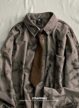 STRAPPING水墨植物灯芯绒长袖花衬衫外套港风复古日系男女痞帅秋