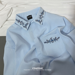 STRAPPING刺绣花边涤纶美式绣花短袖衬衫日系复古男女INS宽松文艺