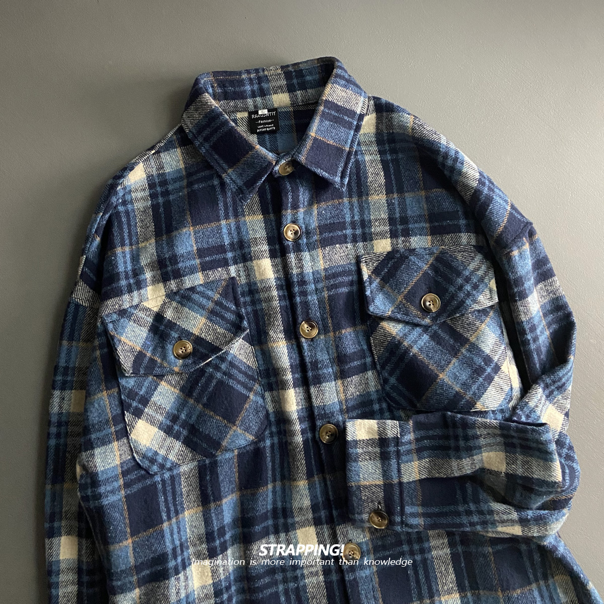 #灰蓝格纹口袋呢子夹克外套港风复古OS日系男女痞帅秋潮牌