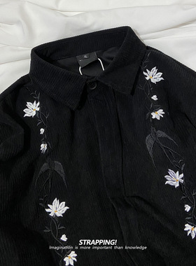 STRAPPING燕子田园绣花灯芯绒短袖衬衫日系复古男女INS宽松文艺