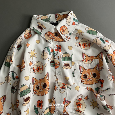 STRAPPING涂鸦卡通猫咪INS碎花长袖衬衫港风复古日系男女痞帅春秋