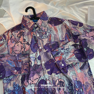 STRAPPING抽象油画紫色长袖花衬衫港风复古vintage日系男女痞帅秋