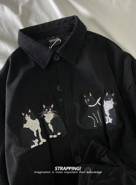 STRAPPING猫咪刺绣灯芯绒涤纶长袖衬衫男女日系复古港风潮流街头