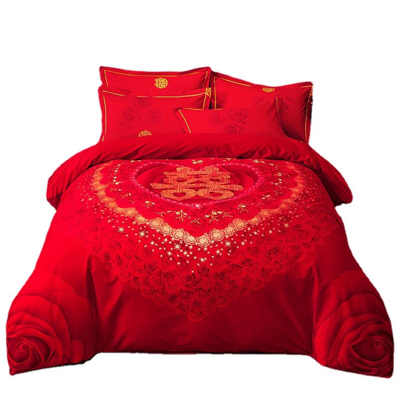 COTTON WEDDING FOUR-PIECE SET BIG RED BRUSHED WEDDING BEDDING 2022 COTTON DRAGON AND PHOENIX WEDDING BEDDING 4-PIECE SET