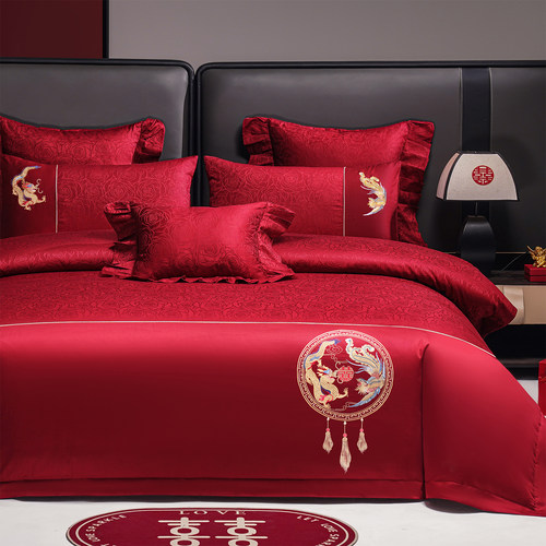 2025新款双面长绒棉结婚床单被套提花婚庆刺绣四件套床上用品套件