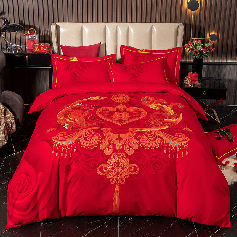 COTTON WEDDING FOUR-PIECE SET BIG RED BRUSHED WEDDING BEDDING 2022 COTTON DRAGON AND PHOENIX WEDDING BEDDING 4-PIECE SET