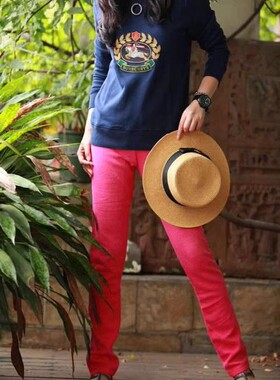 绣标玫红浅绒直筒卫裤829A20WPBL女式修身长裤有大码0.4KG