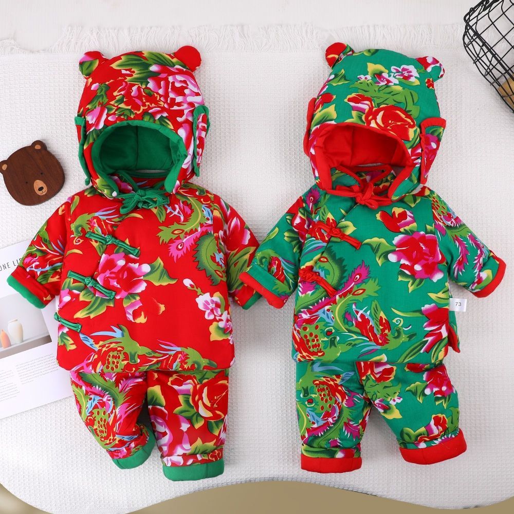 东北大花袄婴儿套装网红洋气儿童冬季加厚羽绒棉棉服新年唐装棉衣