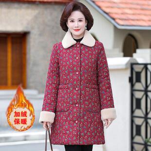 棉麻加绒加厚中长款棉衣妈妈装冬季碎花加厚保暖棉服棉袄外套女新