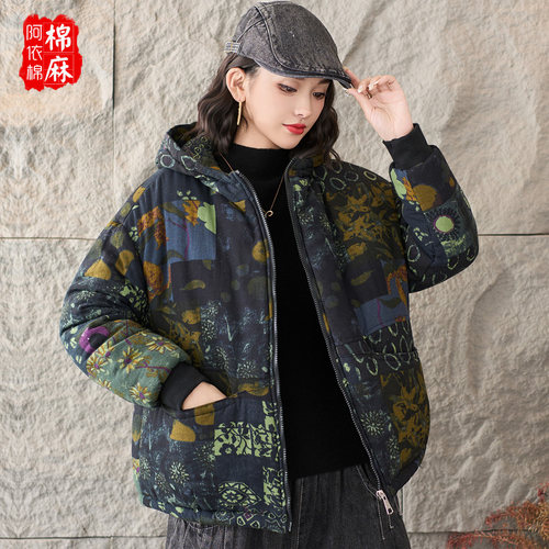 棉麻印花加绒加厚棉衣外套女