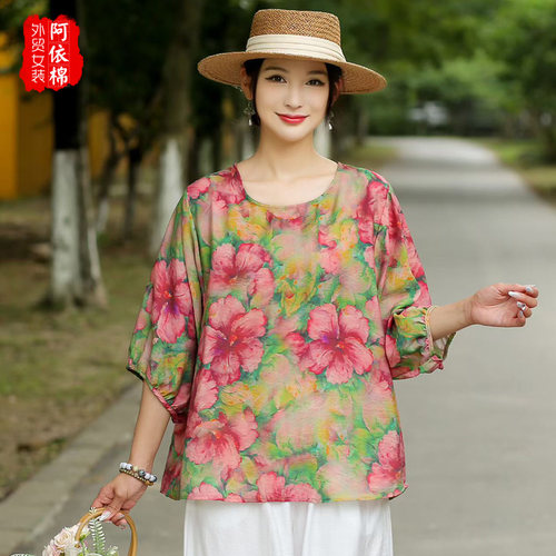夏季复古碎花天丝麻宽松T恤女