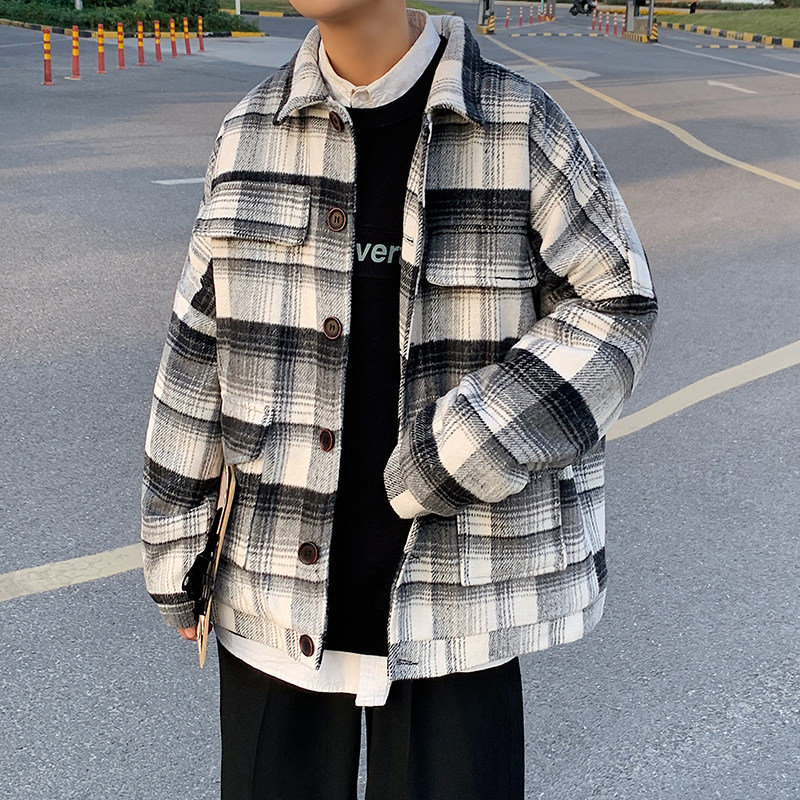 2021格子加厚呢子大衣港风宽松呢料夹克情侣短款风衣外套J509-P90，男装毛呢大衣，电商A157-1