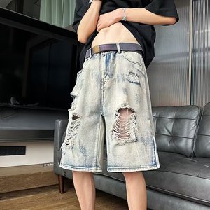 美式复古破洞牛仔短裤男夏季小众高街宽松直筒五分裤潮dk953 p40图片