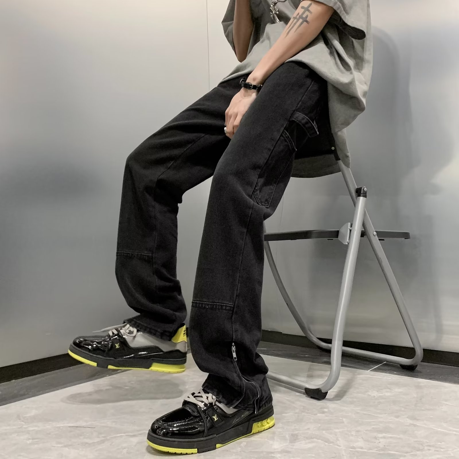 2023夏季直筒牛仔裤复古水洗拉链开叉男文艺牛仔裤潮nk1706 p55图片