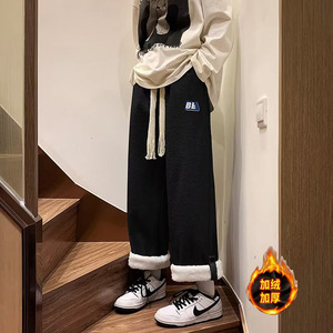 羊羔绒男冬季加绒加厚华夫格运动裤卷边裤脚直筒休闲裤潮hk40 p45图片