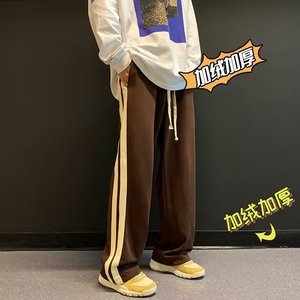 双杠休闲裤嘻哈百搭卫裤阔脚直筒加绒男宽松运动长裤hk722p45