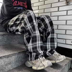 秋季格子裤子美式休闲直筒裤宽松百搭阔腿长裤k88 p35图片
