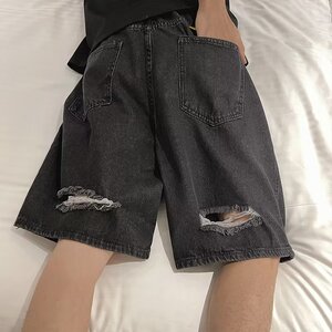 破洞牛仔短裤男2024夏季水洗宽松美式炸街五分裤潮dk2102 p40图片