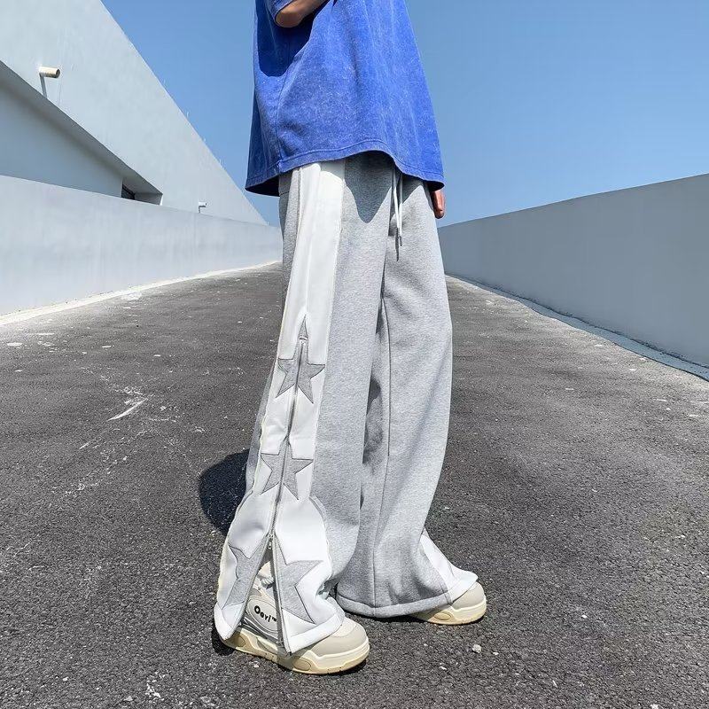 2023夏季直筒休闲裤慵懒潮运动裤拼接开叉刺绣长裤男k97 p45图片
