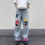夏季涂鸦蓝色洗水破洞牛仔裤男女阔腿裤拖地裤直筒裤nk106p50，男装牛仔裤，星座204-6