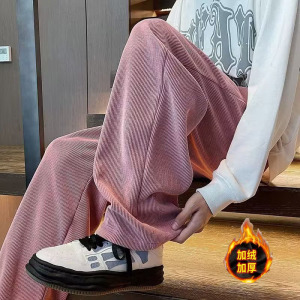 加绒休闲阔腿裤男女学生灯芯绒纯色简约运动慵懒长裤潮hk981 p45图片