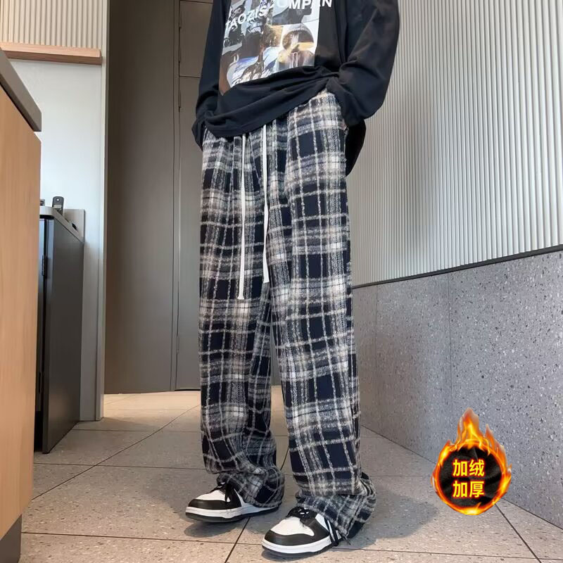 毛呢格子裤子男秋冬高腰垂感休闲直筒加绒阔腿裤hk923p60,男装休闲裤,星座204-6
