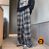 毛呢格子裤子男秋冬高腰垂感休闲直筒加绒阔腿裤hk923p60，男装休闲裤，星座204-6
