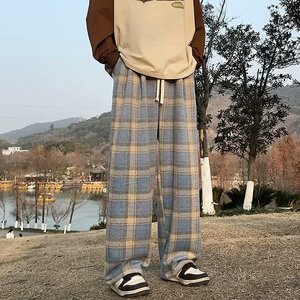 春季男休闲裤格子慵懒气质潮牌百搭流行宽松毛呢裤k8700 p45图片