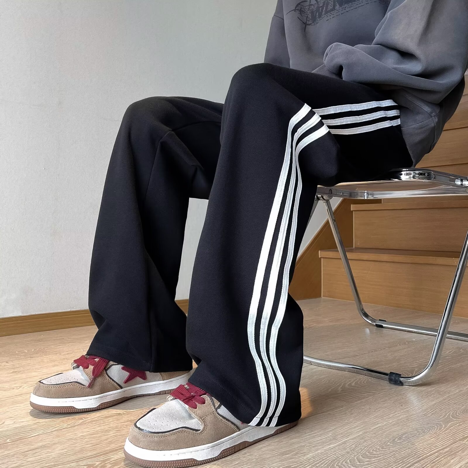 三条杠直筒裤男秋冬季痞帅重磅卫裤复古宽松休闲长裤潮k081p45，男装休闲裤，星座204-6