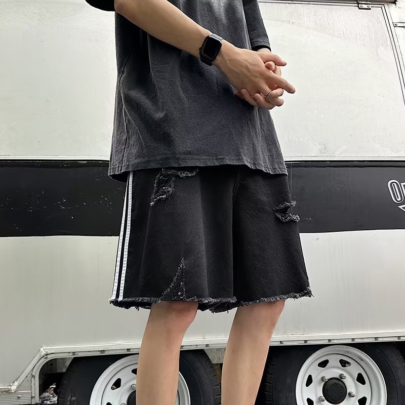 毛边破洞牛仔短裤男夏季三条杠高街做旧直筒五分裤dk219p45,男装牛仔裤,星座204-6