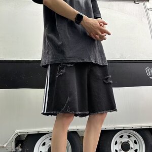 毛边破洞牛仔短裤男夏季三条杠高街做旧直筒五分裤dk219 p45图片
