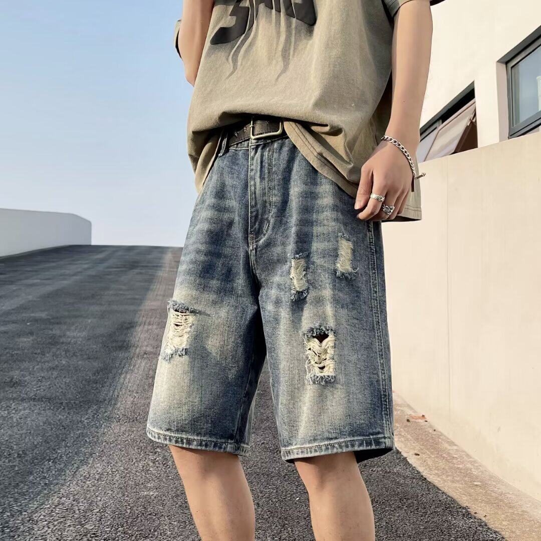 复古破洞牛仔短裤男夏季宽松水洗乞丐五分中裤dk881p35,男装牛仔裤,星座204-6