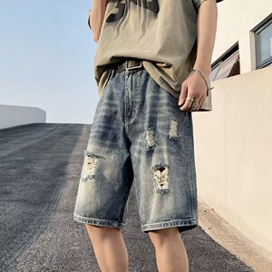 复古破洞牛仔短裤男夏季宽松水洗乞丐五分中裤dk881 p35图片
